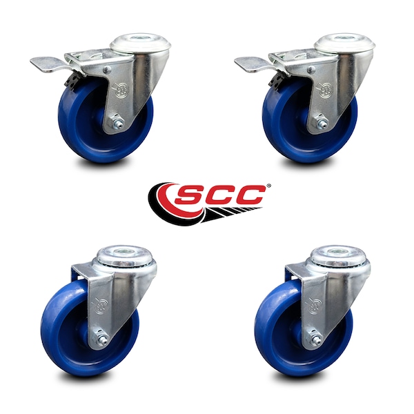 4 Inch Solid Polyurethane Swivel Bolt Hole Caster Set with 2 Total Lock Brake